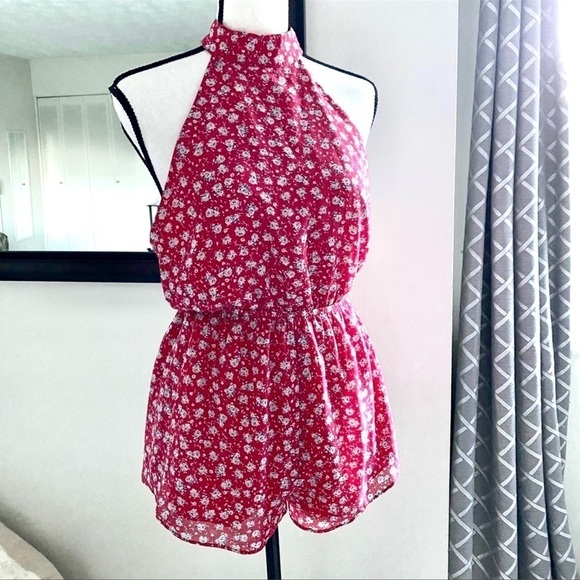 TOBI RAQUEL RED MULTI FLORAL PRINT Halter ROMPER womens size M - Picture 4 of 8